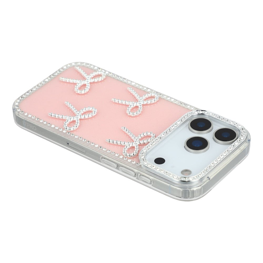 For iPhone 17 Pro Max Case Rhinestone Edge Butterfly Bow Decor TPU + PC IMD Phone Cover - Glitter Light Pink