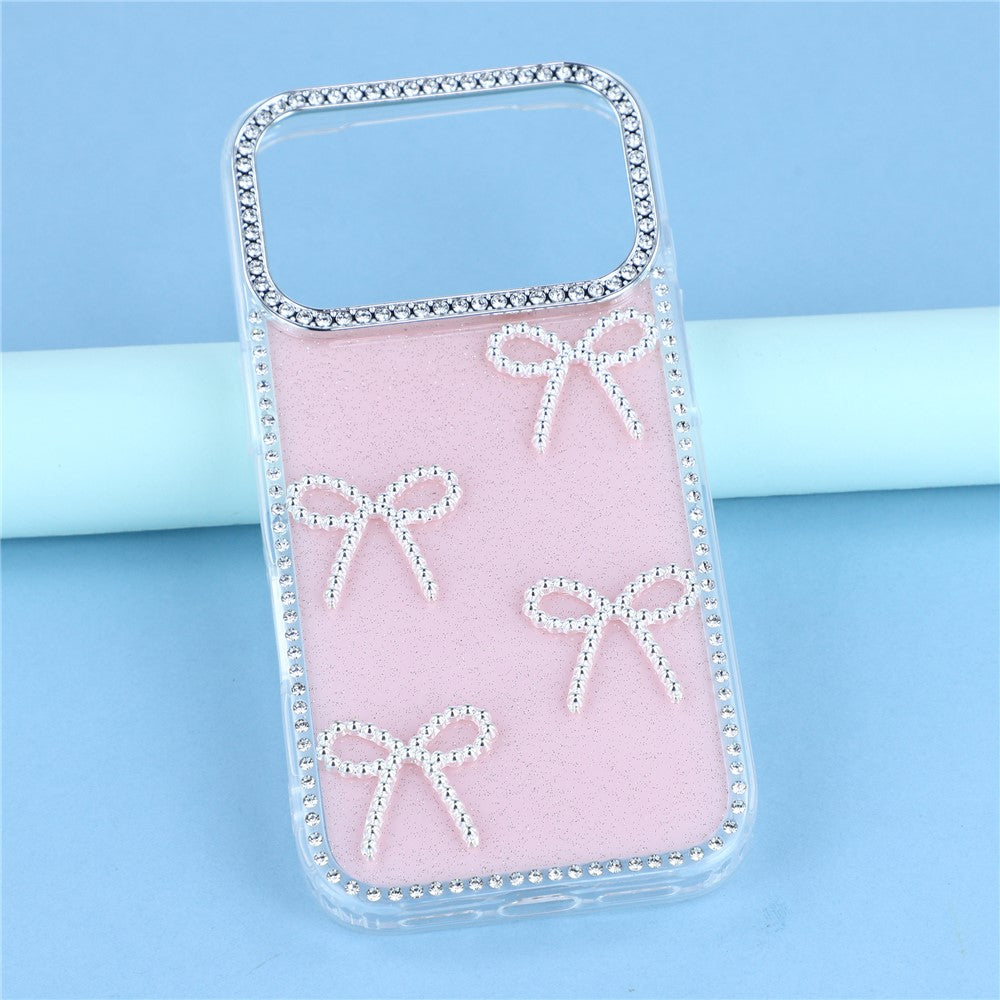 For iPhone 17 Pro Max Case Rhinestone Edge Butterfly Bow Decor TPU + PC IMD Phone Cover - Glitter Light Pink