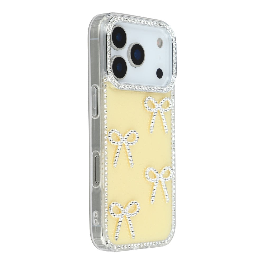 For iPhone 17 Pro Max Case Rhinestone Edge Butterfly Bow Decor TPU + PC IMD Phone Cover - Glitter Light Yellow