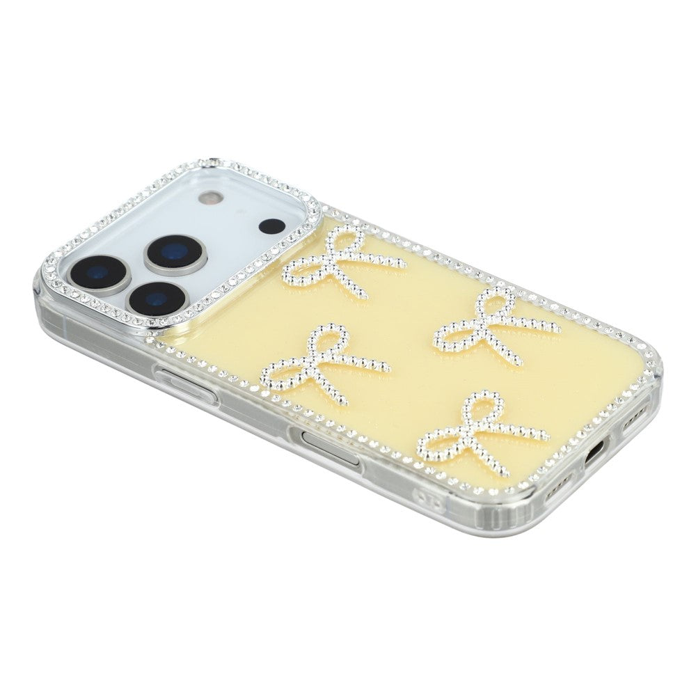 For iPhone 17 Pro Max Case Rhinestone Edge Butterfly Bow Decor TPU + PC IMD Phone Cover - Glitter Light Yellow