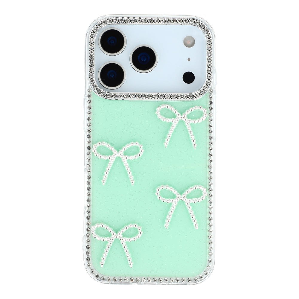 For iPhone 17 Pro Max Case Rhinestone Edge Butterfly Bow Decor TPU + PC IMD Phone Cover - Glitter Light Green