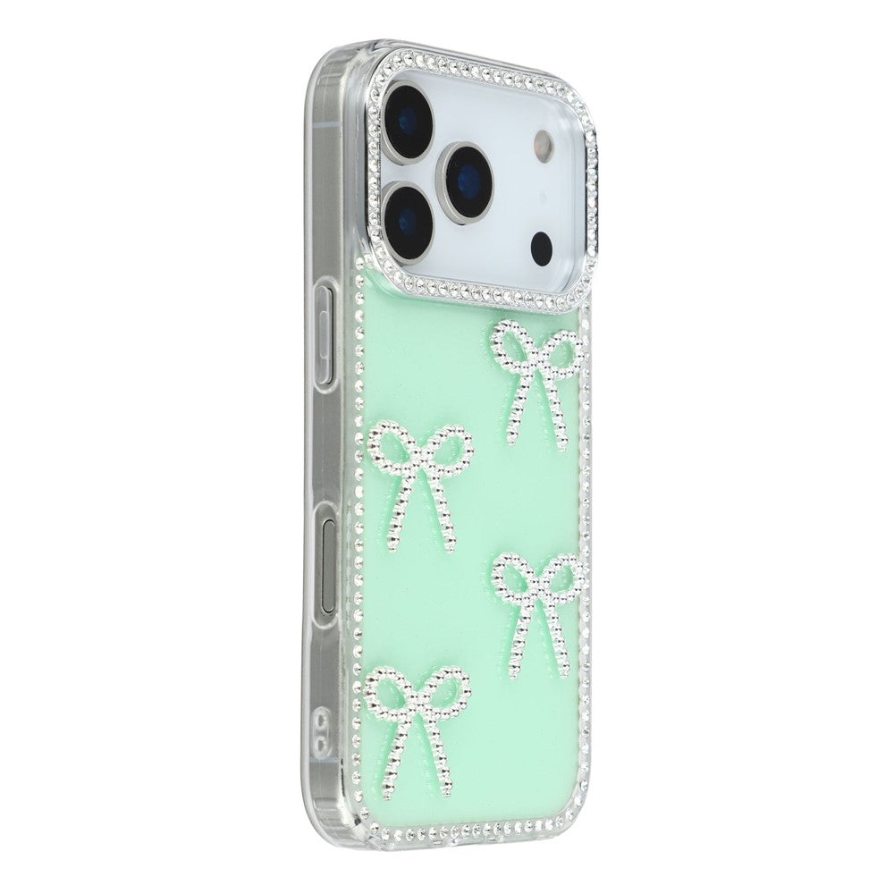 For iPhone 17 Pro Max Case Rhinestone Edge Butterfly Bow Decor TPU + PC IMD Phone Cover - Glitter Light Green
