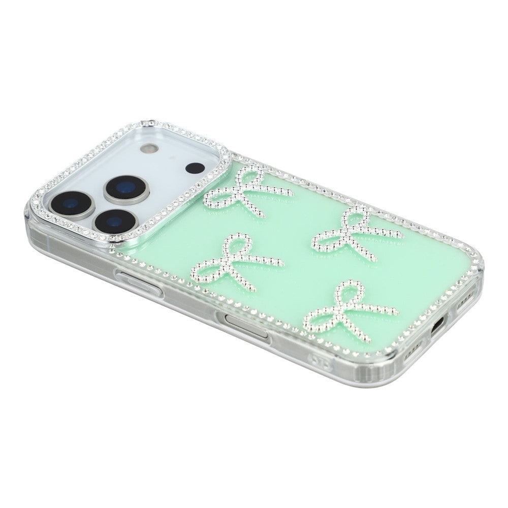 For iPhone 17 Pro Max Case Rhinestone Edge Butterfly Bow Decor TPU + PC IMD Phone Cover - Glitter Light Green