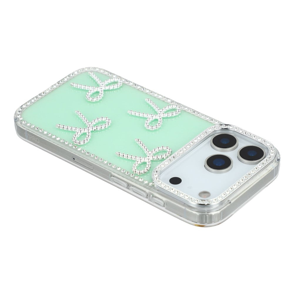For iPhone 17 Pro Max Case Rhinestone Edge Butterfly Bow Decor TPU + PC IMD Phone Cover - Glitter Light Green