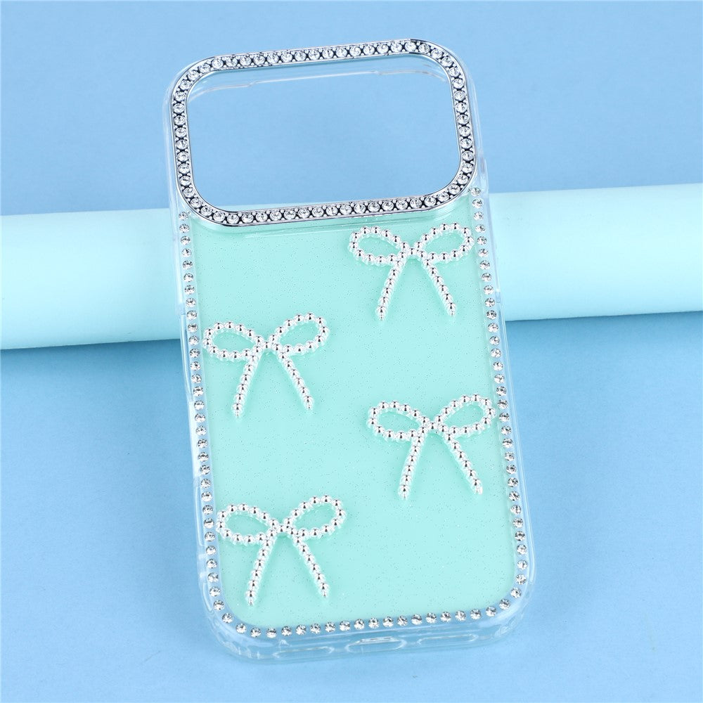 For iPhone 17 Pro Max Case Rhinestone Edge Butterfly Bow Decor TPU + PC IMD Phone Cover - Glitter Light Green