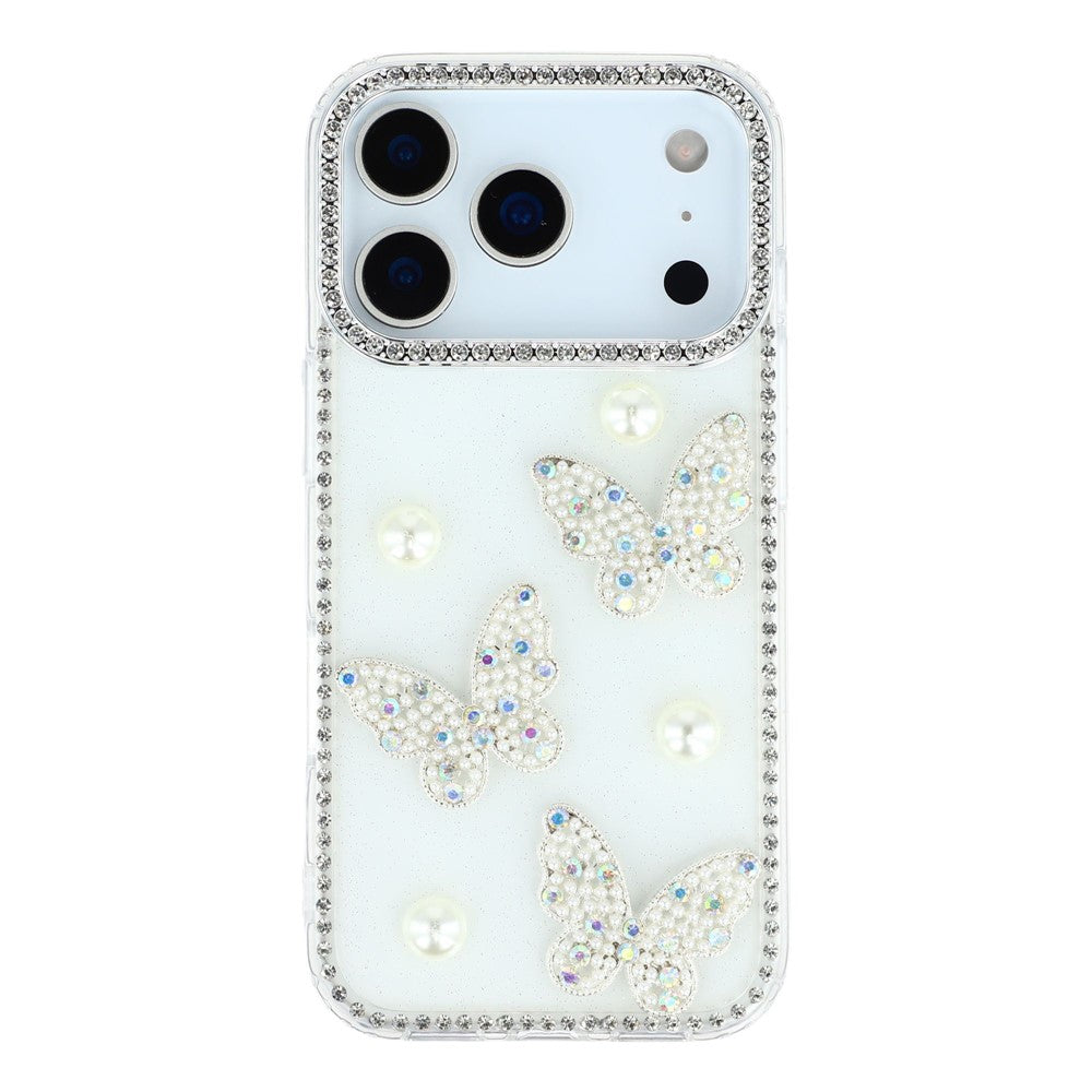 For iPhone 17 Pro Max Case Rhinestone Edge Pearl Butterfly Decor TPU + PC IMD Phone Cover - Glitter White