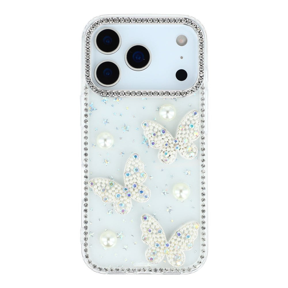 For iPhone 17 Pro Max Case Rhinestone Edge Pearl Butterfly Decor TPU + PC IMD Phone Cover - Starry Transparent