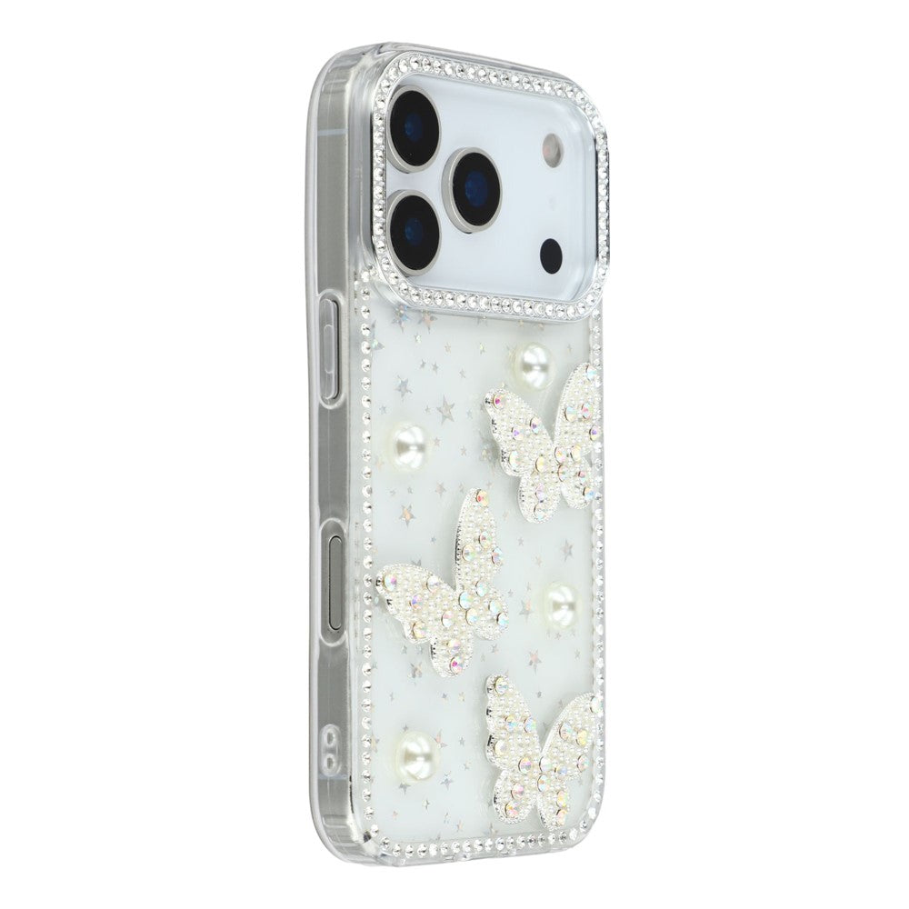 For iPhone 17 Pro Max Case Rhinestone Edge Pearl Butterfly Decor TPU + PC IMD Phone Cover - Starry Transparent