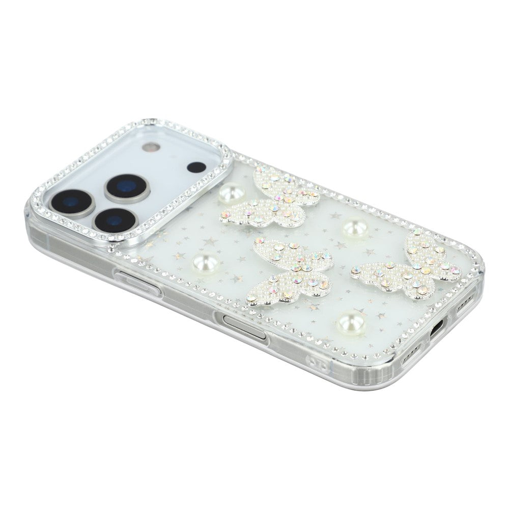 For iPhone 17 Pro Max Case Rhinestone Edge Pearl Butterfly Decor TPU + PC IMD Phone Cover - Starry Transparent