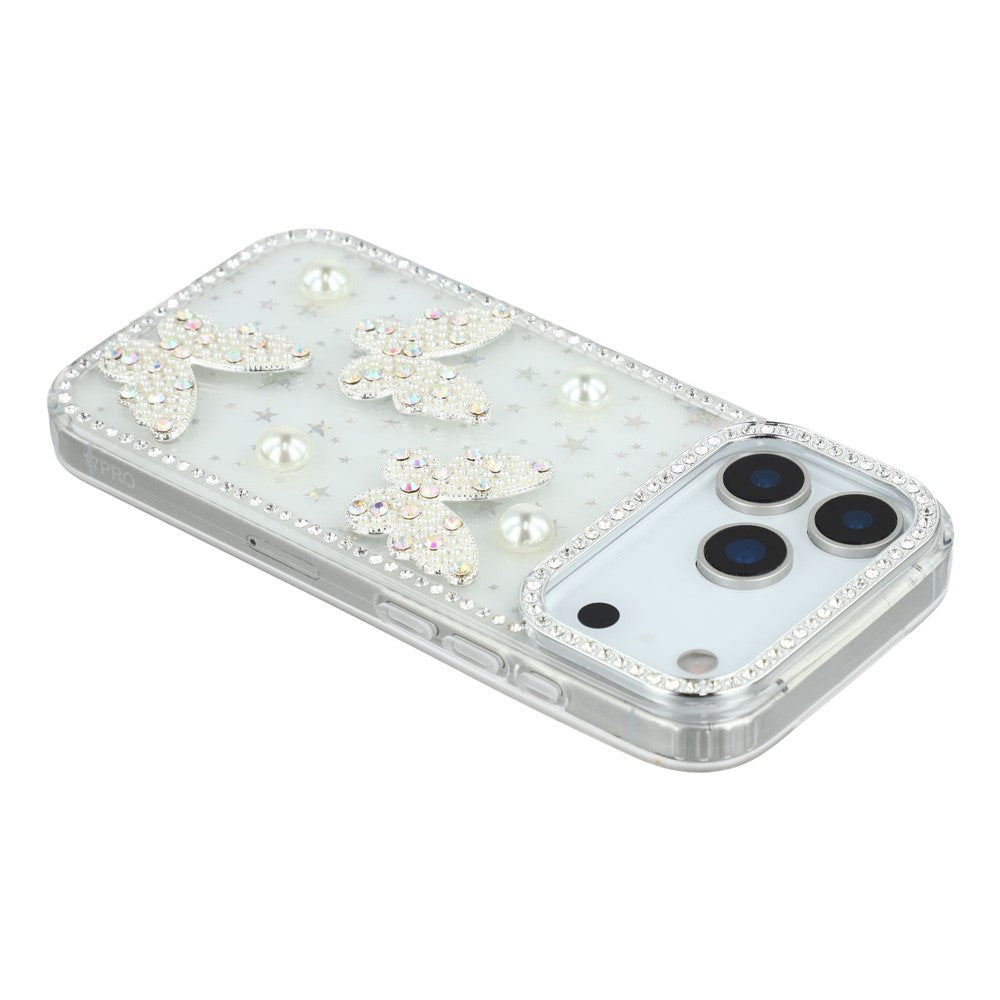 For iPhone 17 Pro Max Case Rhinestone Edge Pearl Butterfly Decor TPU + PC IMD Phone Cover - Starry Transparent