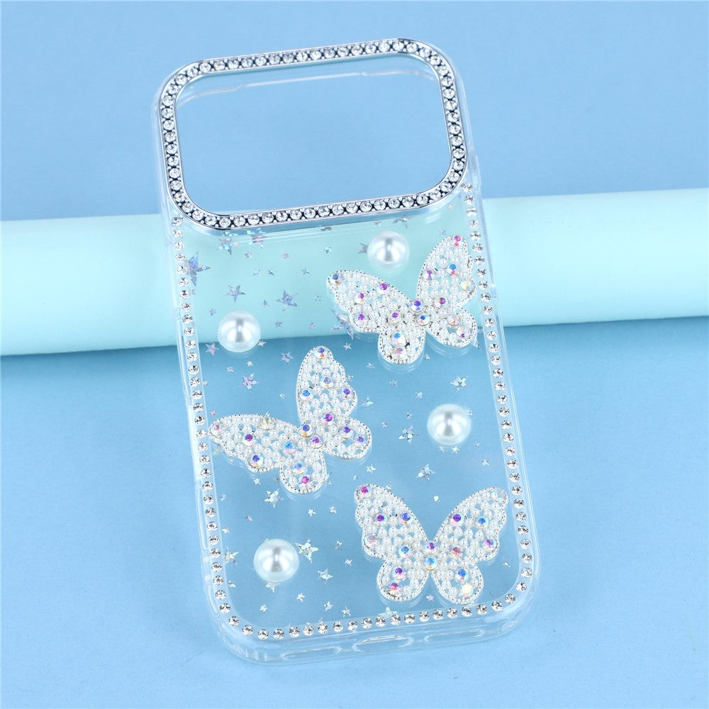 For iPhone 17 Pro Max Case Rhinestone Edge Pearl Butterfly Decor TPU + PC IMD Phone Cover - Starry Transparent