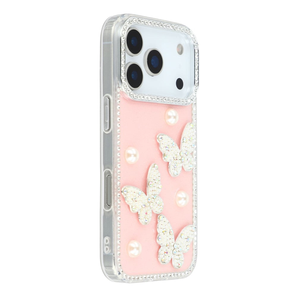 For iPhone 17 Pro Max Case Rhinestone Edge Pearl Butterfly Decor TPU + PC IMD Phone Cover - Glitter Light Pink