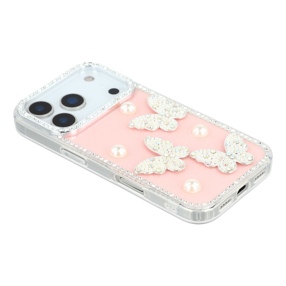 For iPhone 17 Pro Max Case Rhinestone Edge Pearl Butterfly Decor TPU + PC IMD Phone Cover - Glitter Light Pink