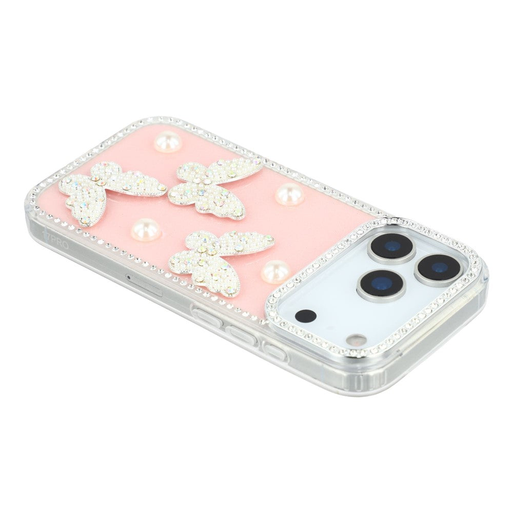 For iPhone 17 Pro Max Case Rhinestone Edge Pearl Butterfly Decor TPU + PC IMD Phone Cover - Glitter Light Pink