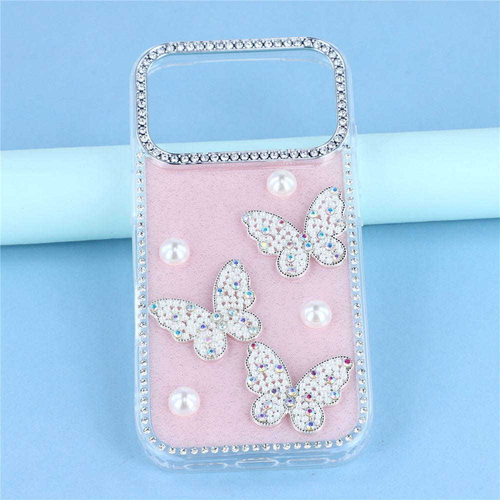 For iPhone 17 Pro Max Case Rhinestone Edge Pearl Butterfly Decor TPU + PC IMD Phone Cover - Glitter Light Pink