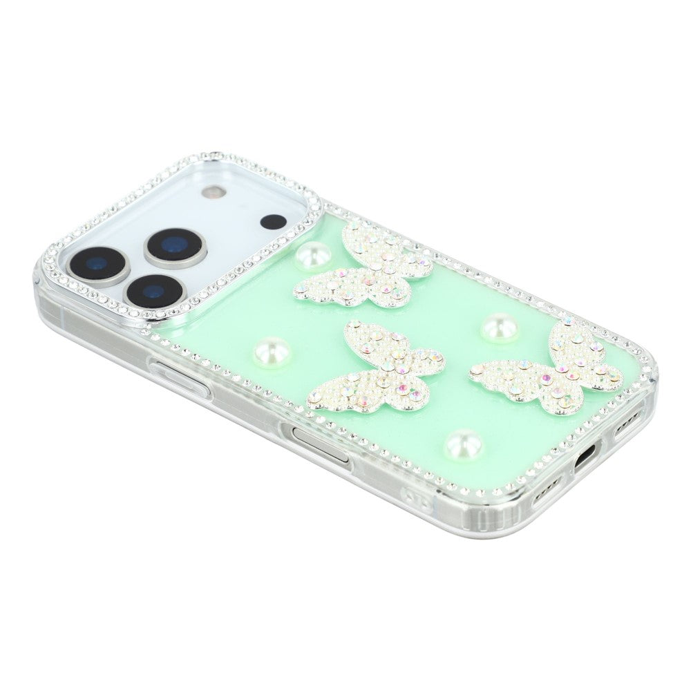 For iPhone 17 Pro Max Case Rhinestone Edge Pearl Butterfly Decor TPU + PC IMD Phone Cover - Glitter Light Green