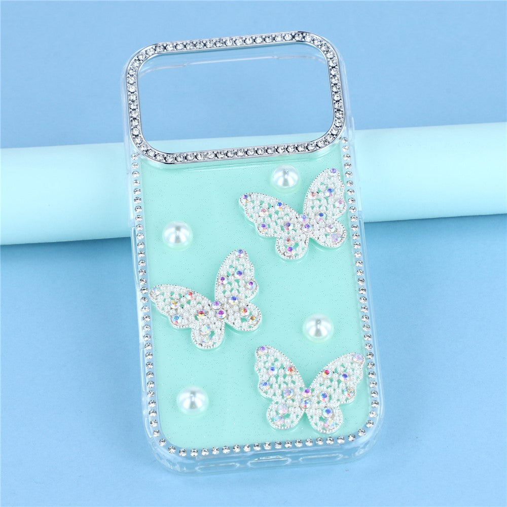 For iPhone 17 Pro Max Case Rhinestone Edge Pearl Butterfly Decor TPU + PC IMD Phone Cover - Glitter Light Green