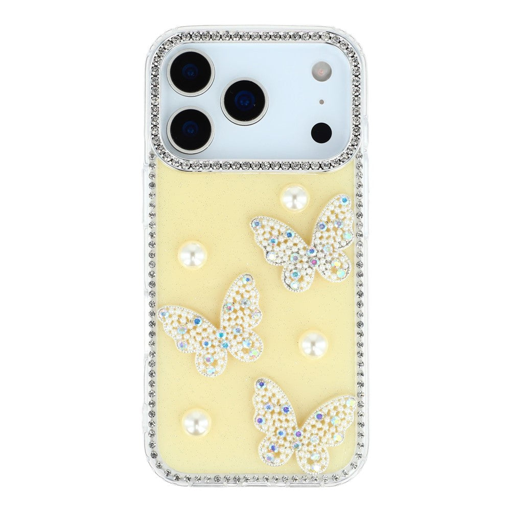 For iPhone 17 Pro Max Case Rhinestone Edge Pearl Butterfly Decor TPU + PC IMD Phone Cover - Glitter Light Yellow