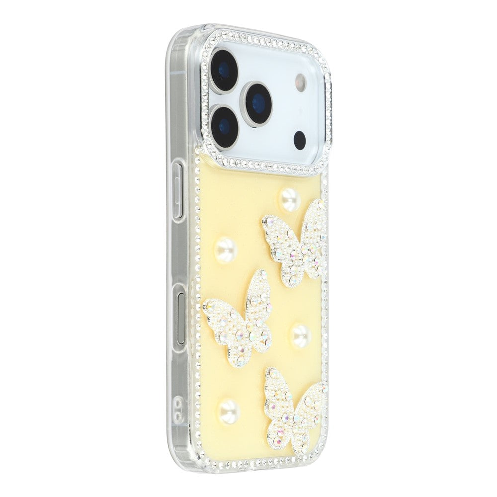 For iPhone 17 Pro Max Case Rhinestone Edge Pearl Butterfly Decor TPU + PC IMD Phone Cover - Glitter Light Yellow