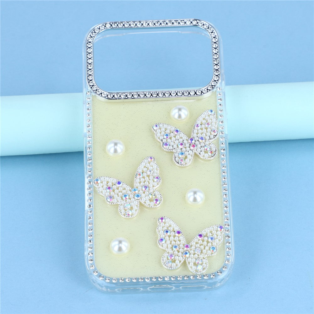 For iPhone 17 Pro Max Case Rhinestone Edge Pearl Butterfly Decor TPU + PC IMD Phone Cover - Glitter Light Yellow