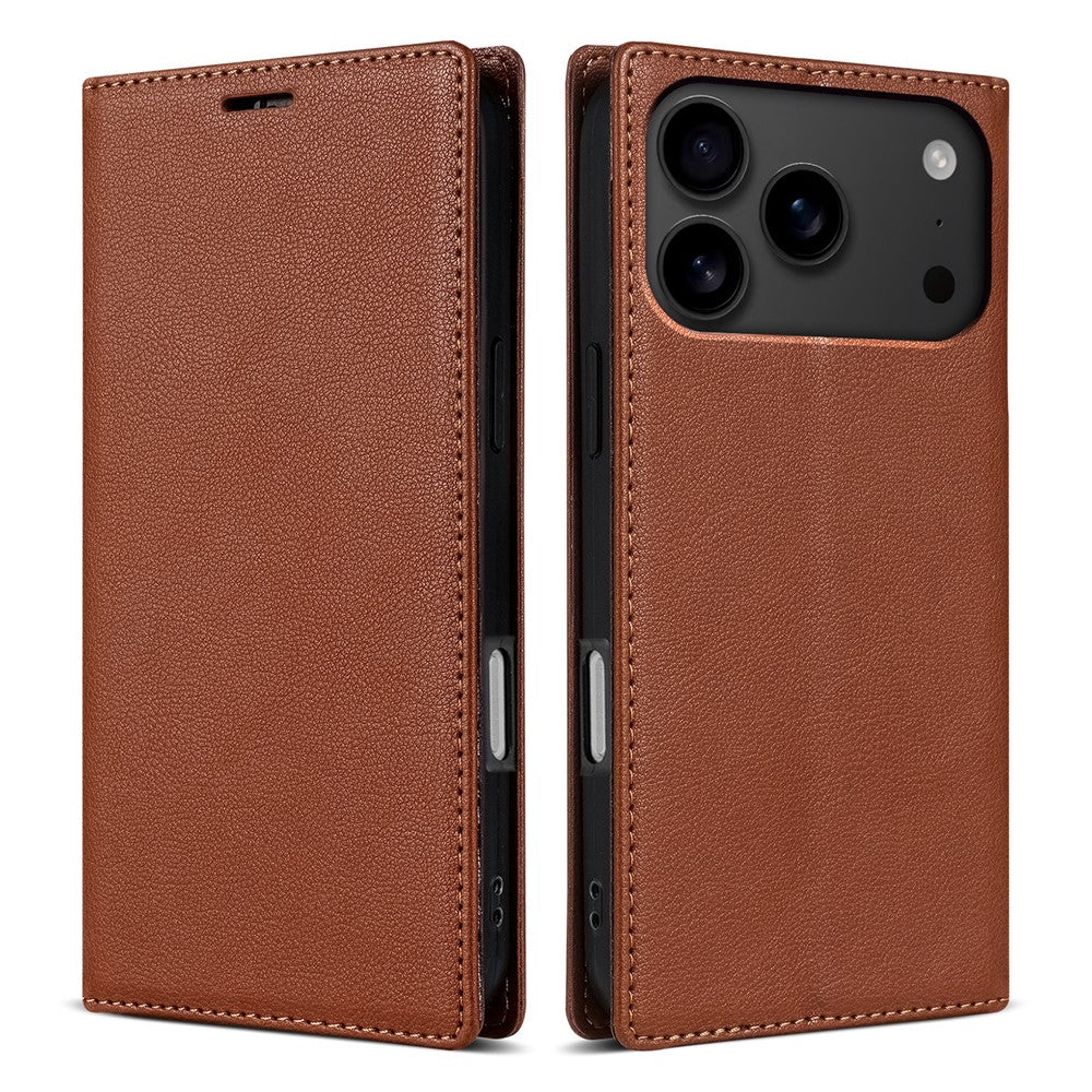 For iPhone 17 Pro Max Wallet Case Magnetic Closure PU Leather Phone Cover - Brown
