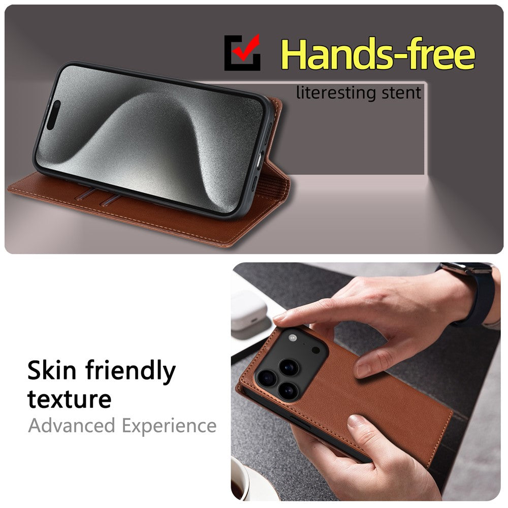 For iPhone 17 Pro Max Wallet Case Magnetic Closure PU Leather Phone Cover - Brown