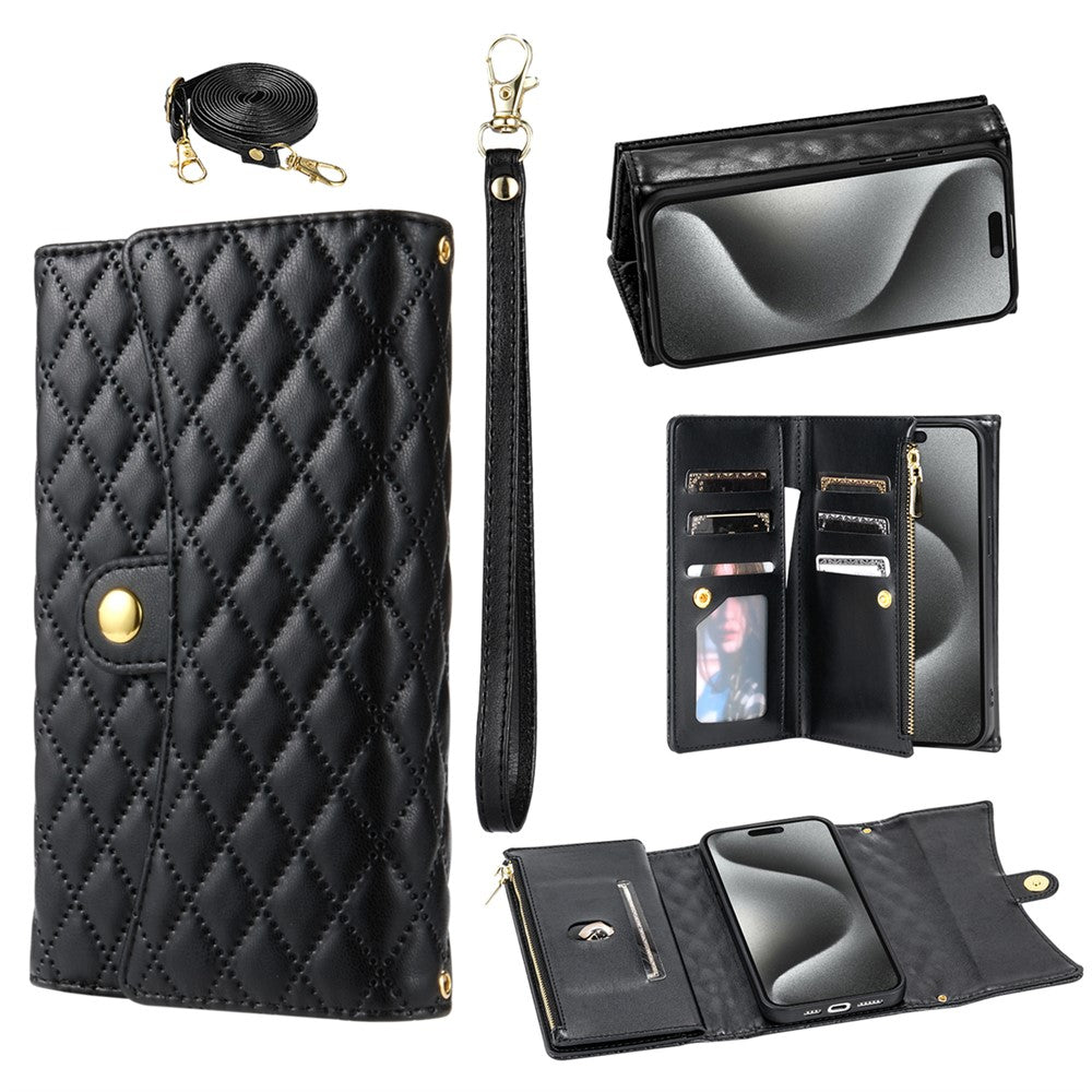 BKS-002 For iPhone 17 Pro Max Wallet Case PU Leather Stand Phone Cover with Shoulder Strap - Black