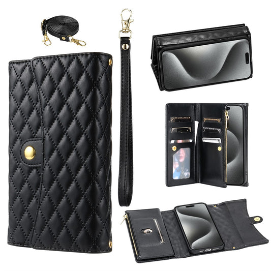 BKS-002 For iPhone 17 Pro Max Wallet Case PU Leather Stand Phone Cover with Shoulder Strap - Black