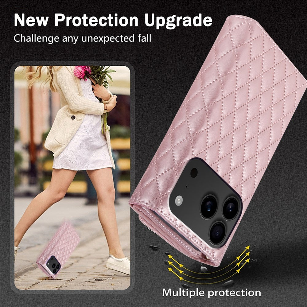 BKS-002 For iPhone 17 Pro Max Wallet Case PU Leather Stand Phone Cover with Shoulder Strap - Rose Gold