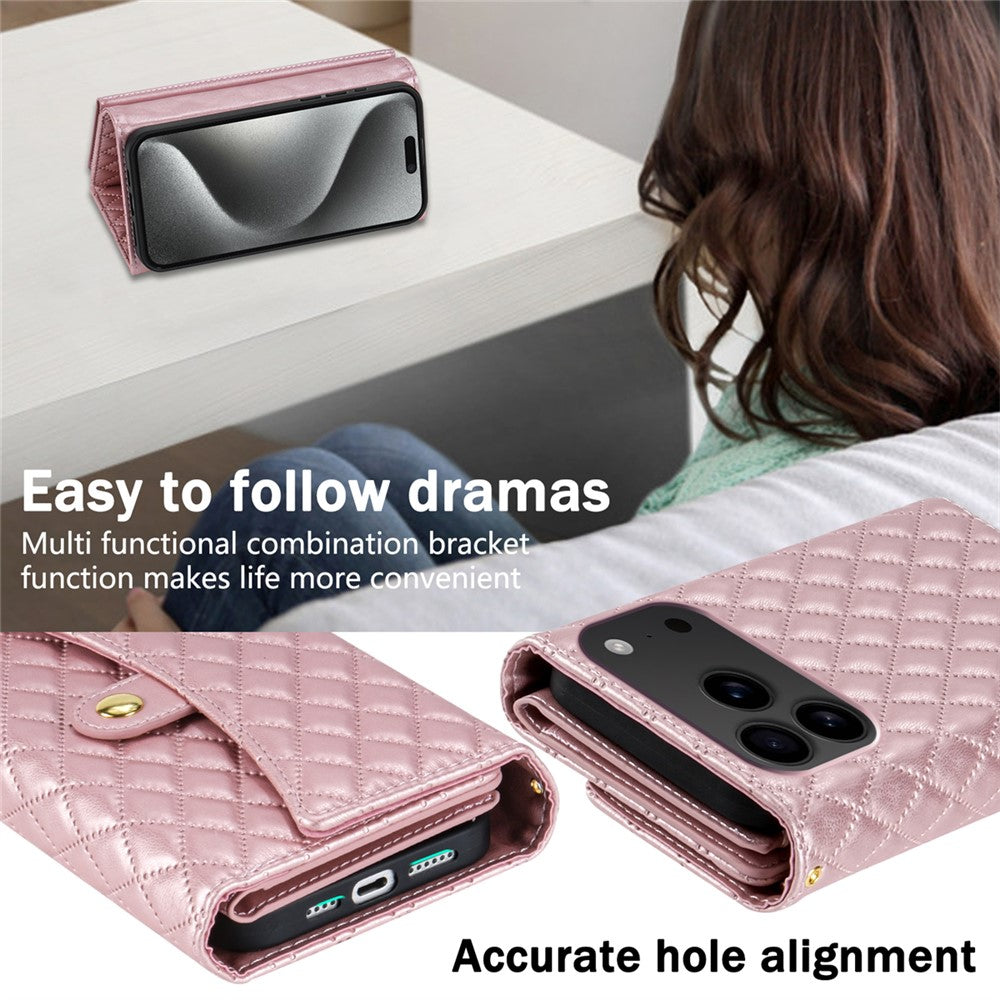 BKS-002 For iPhone 17 Pro Max Wallet Case PU Leather Stand Phone Cover with Shoulder Strap - Rose Gold