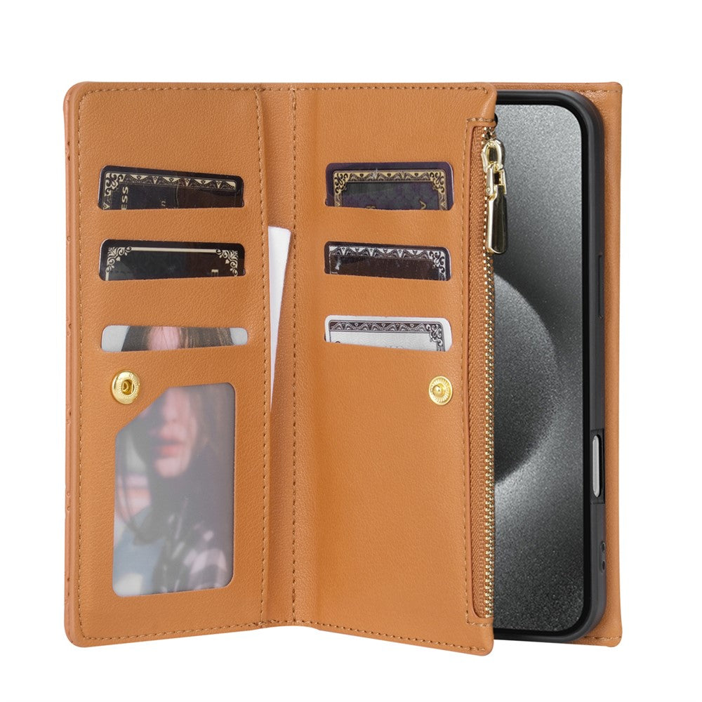 BKS-002 For iPhone 17 Pro Max Wallet Case PU Leather Stand Phone Cover with Shoulder Strap - Brown