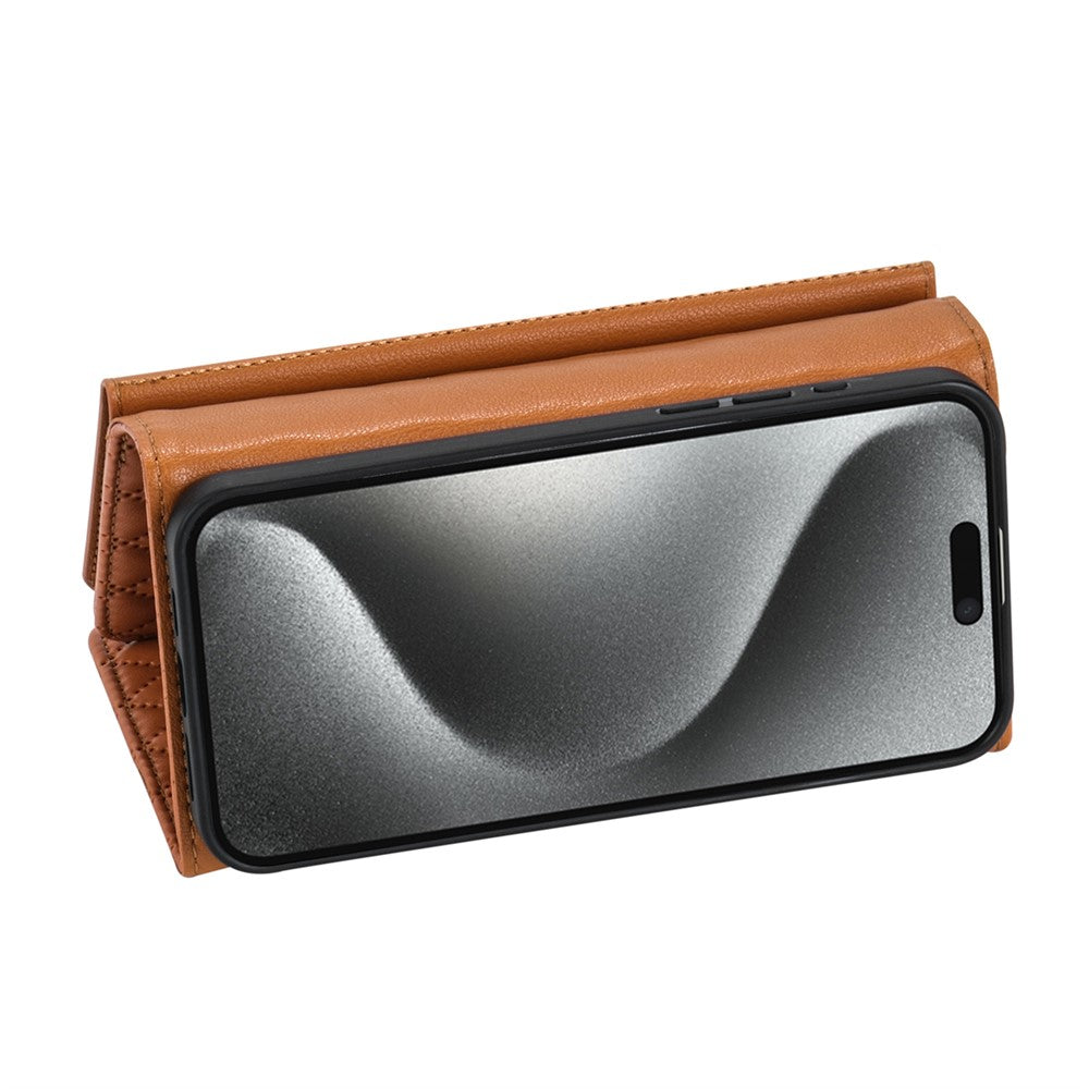 BKS-002 For iPhone 17 Pro Max Wallet Case PU Leather Stand Phone Cover with Shoulder Strap - Brown