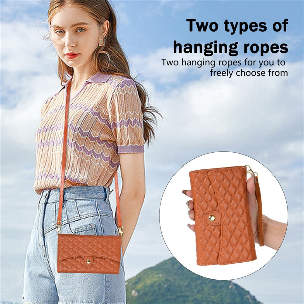 BKS-002 For iPhone 17 Pro Max Wallet Case PU Leather Stand Phone Cover with Shoulder Strap - Brown