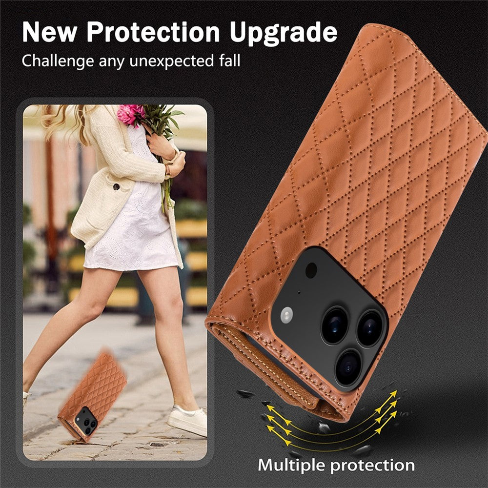 BKS-002 For iPhone 17 Pro Max Wallet Case PU Leather Stand Phone Cover with Shoulder Strap - Brown