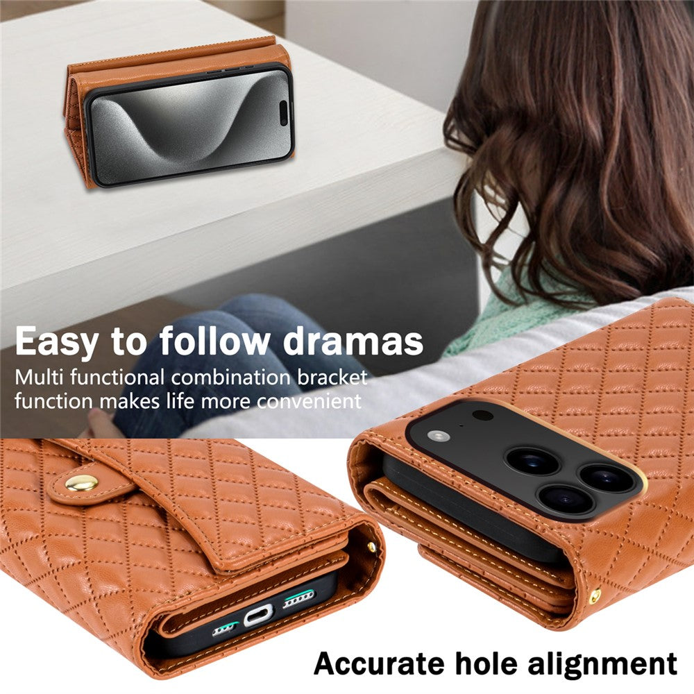 BKS-002 For iPhone 17 Pro Max Wallet Case PU Leather Stand Phone Cover with Shoulder Strap - Brown
