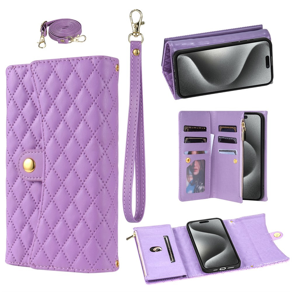 BKS-002 For iPhone 17 Pro Max Wallet Case PU Leather Stand Phone Cover with Shoulder Strap - Purple
