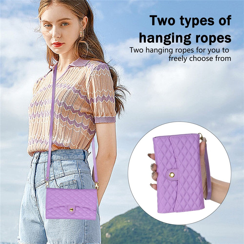 BKS-002 For iPhone 17 Pro Max Wallet Case PU Leather Stand Phone Cover with Shoulder Strap - Purple