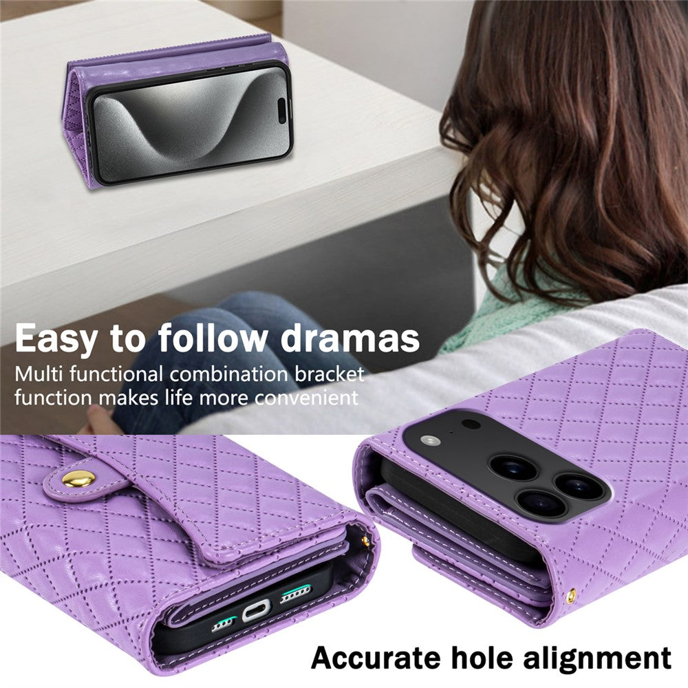 BKS-002 For iPhone 17 Pro Max Wallet Case PU Leather Stand Phone Cover with Shoulder Strap - Purple