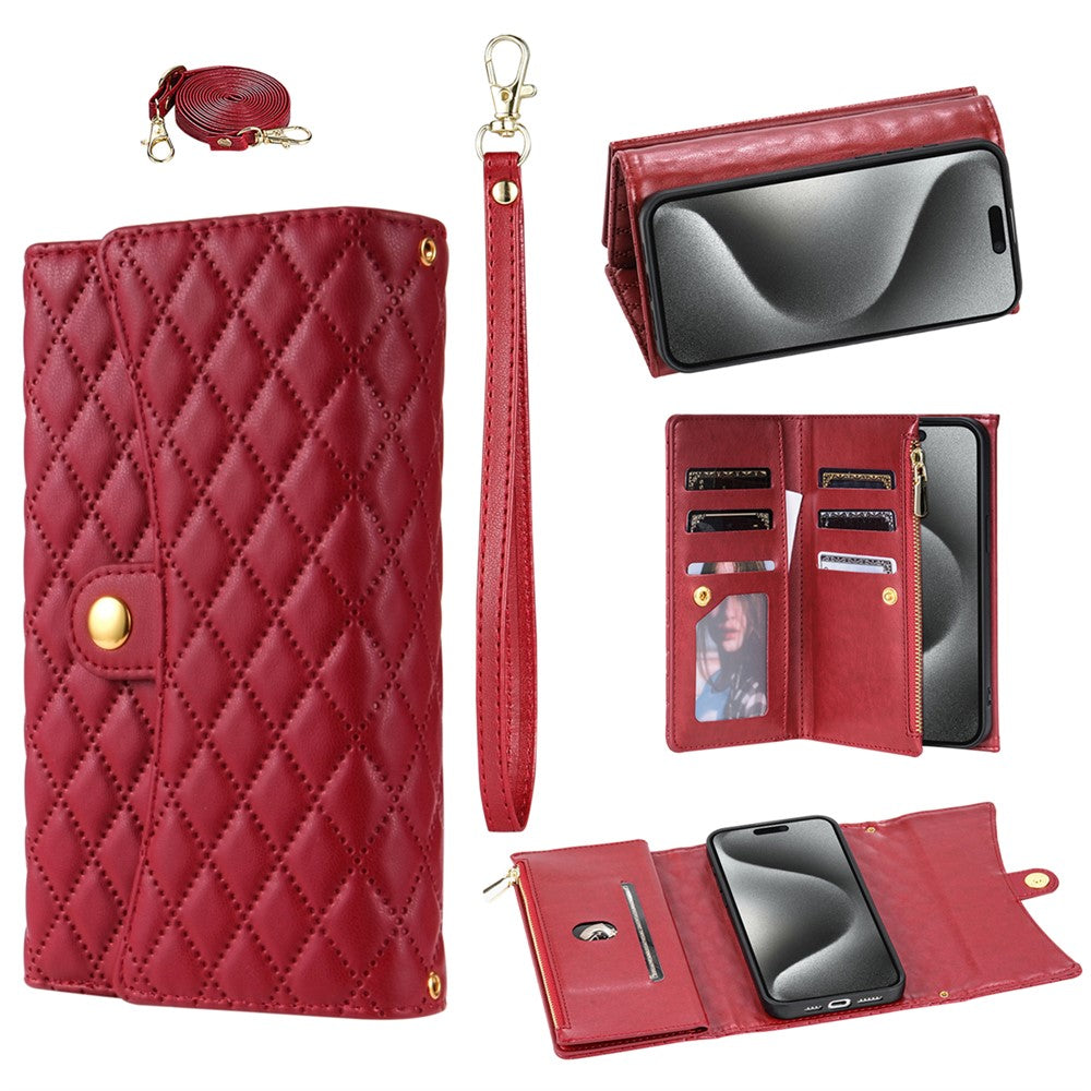 BKS-002 For iPhone 17 Pro Max Wallet Case PU Leather Stand Phone Cover with Shoulder Strap - Red
