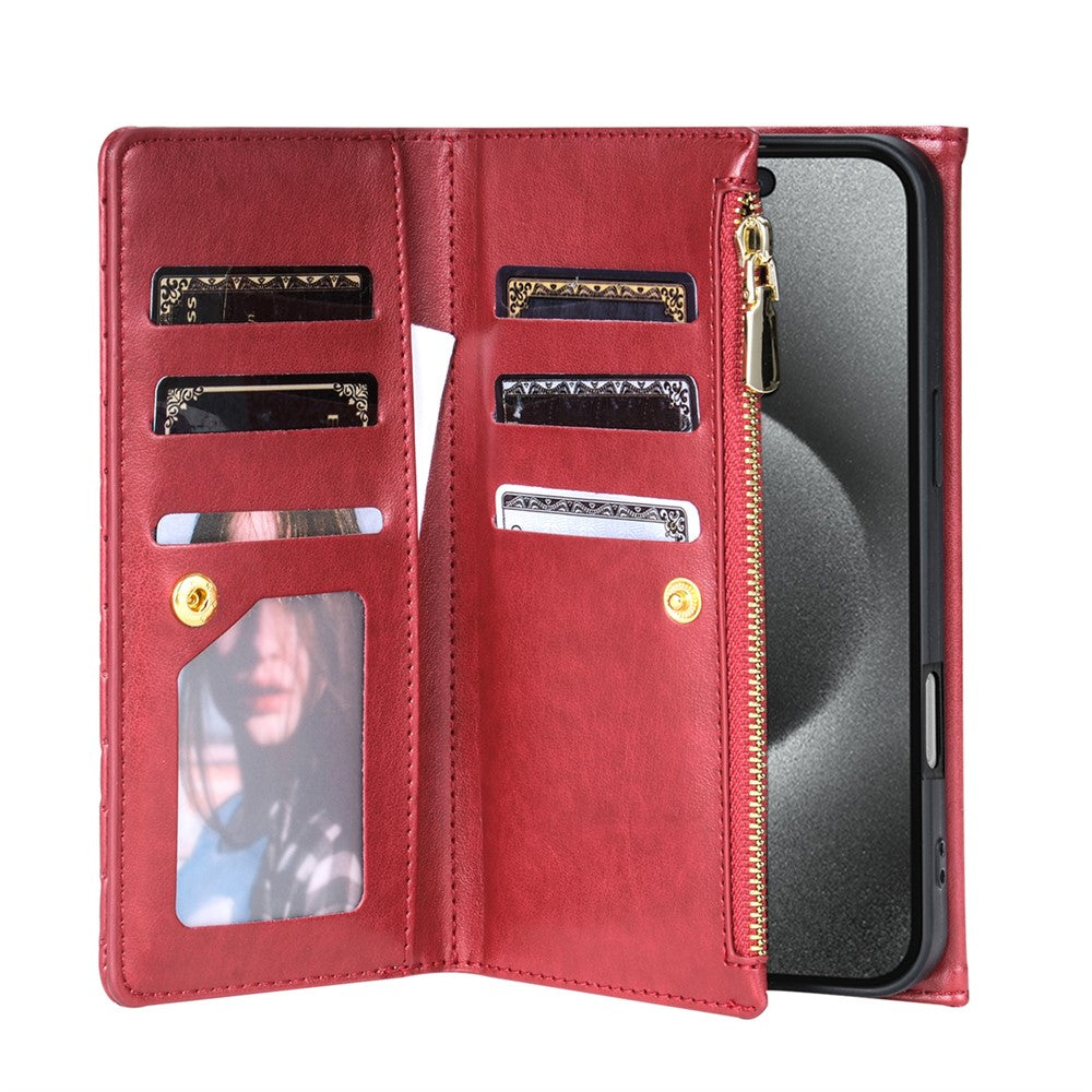 BKS-002 For iPhone 17 Pro Max Wallet Case PU Leather Stand Phone Cover with Shoulder Strap - Red