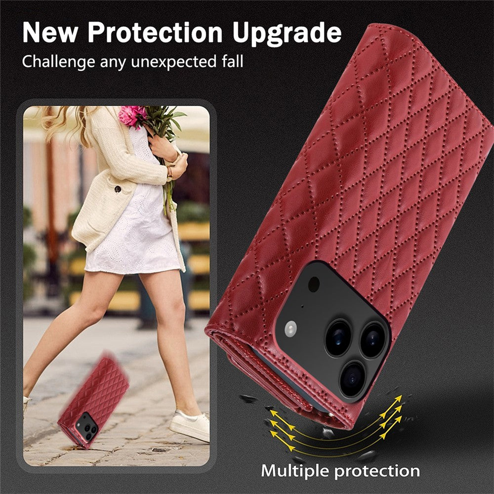 BKS-002 For iPhone 17 Pro Max Wallet Case PU Leather Stand Phone Cover with Shoulder Strap - Red