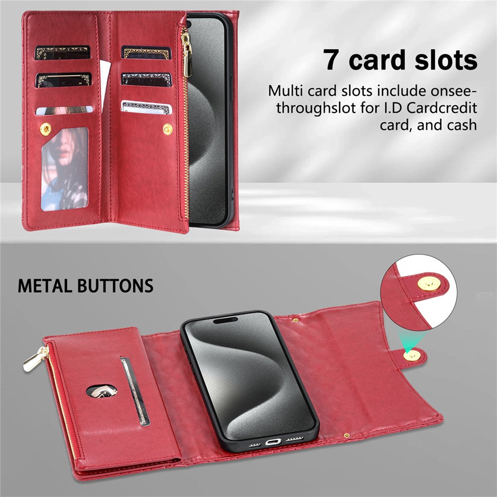BKS-002 For iPhone 17 Pro Max Wallet Case PU Leather Stand Phone Cover with Shoulder Strap - Red