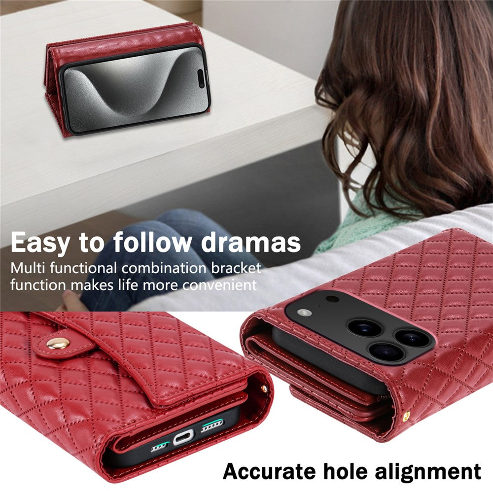 BKS-002 For iPhone 17 Pro Max Wallet Case PU Leather Stand Phone Cover with Shoulder Strap - Red