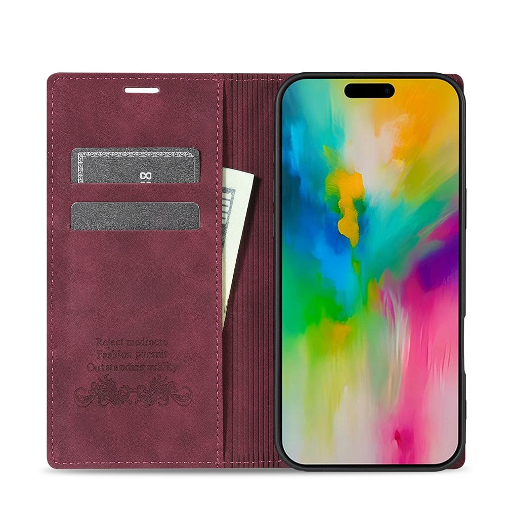 For iPhone 17 Pro Max Wallet Case Magnetic Closing Leather Phone Cover - Wine Red