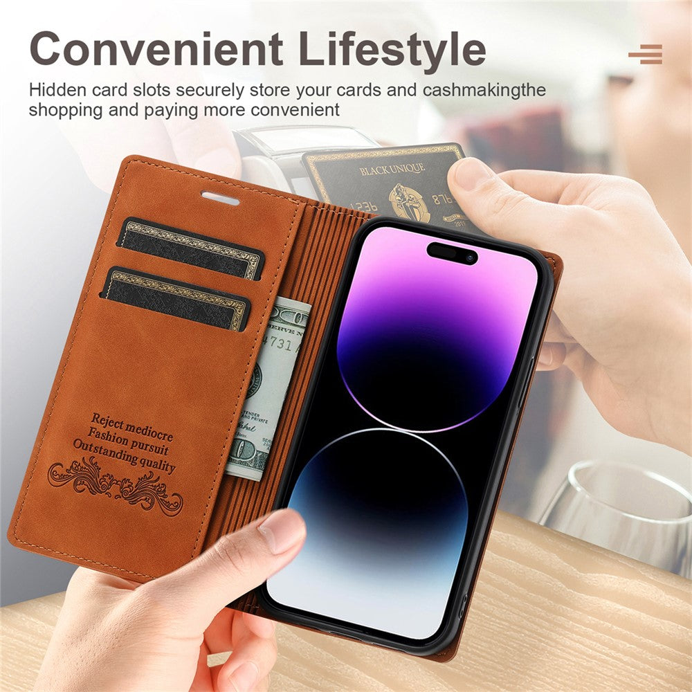 For iPhone 17 Pro Max Wallet Case Magnetic Closing Leather Phone Cover - Brown