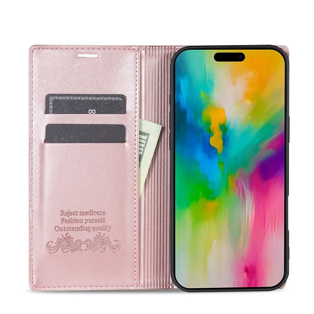 For iPhone 17 Pro Max Wallet Case Magnetic Closing Leather Phone Cover - Rose Gold