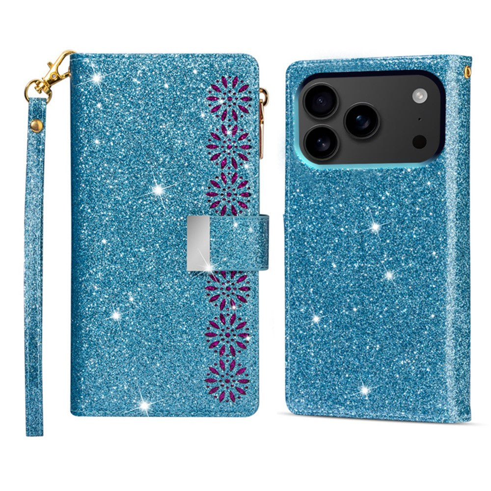 For iPhone 17 Pro Max Case Starry Sky Carving Leather Wallet Phone Cover with Wrist Strap - Blue