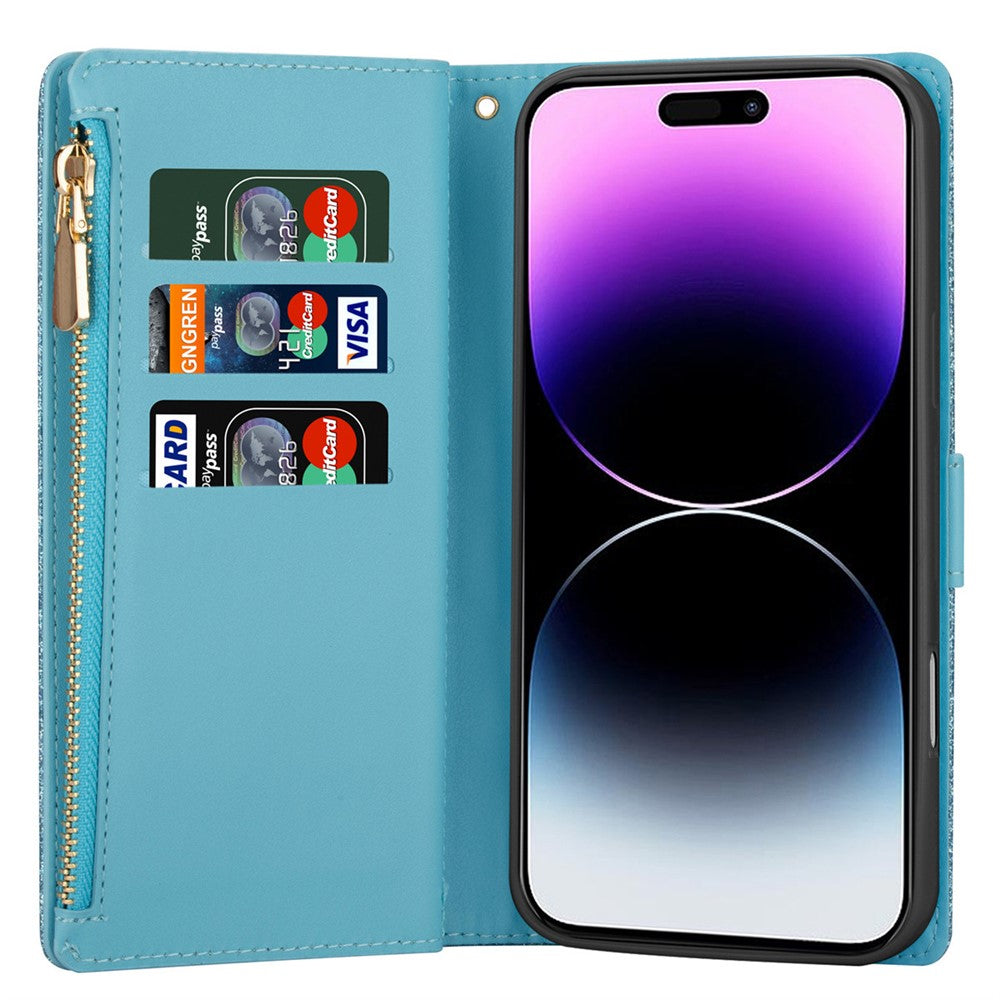 For iPhone 17 Pro Max Case Starry Sky Carving Leather Wallet Phone Cover with Wrist Strap - Blue