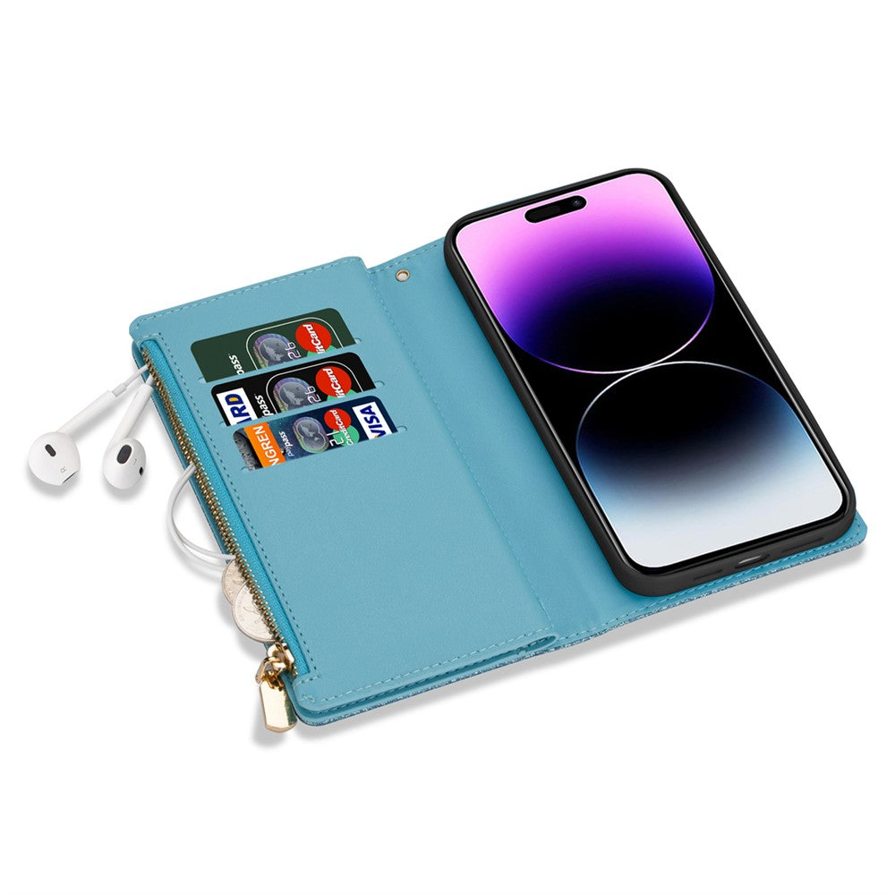 For iPhone 17 Pro Max Case Starry Sky Carving Leather Wallet Phone Cover with Wrist Strap - Blue