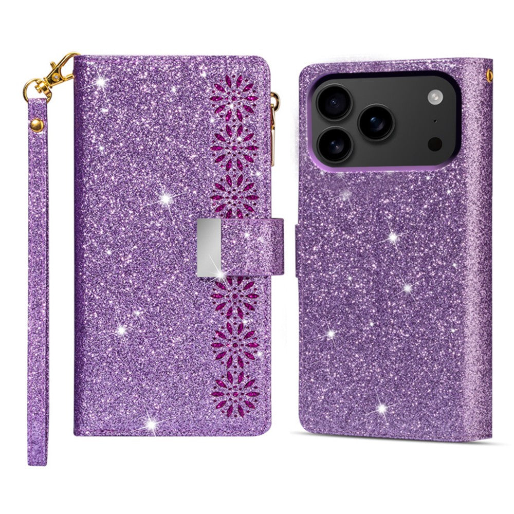 For iPhone 17 Pro Max Case Starry Sky Carving Leather Wallet Phone Cover with Wrist Strap - Purple